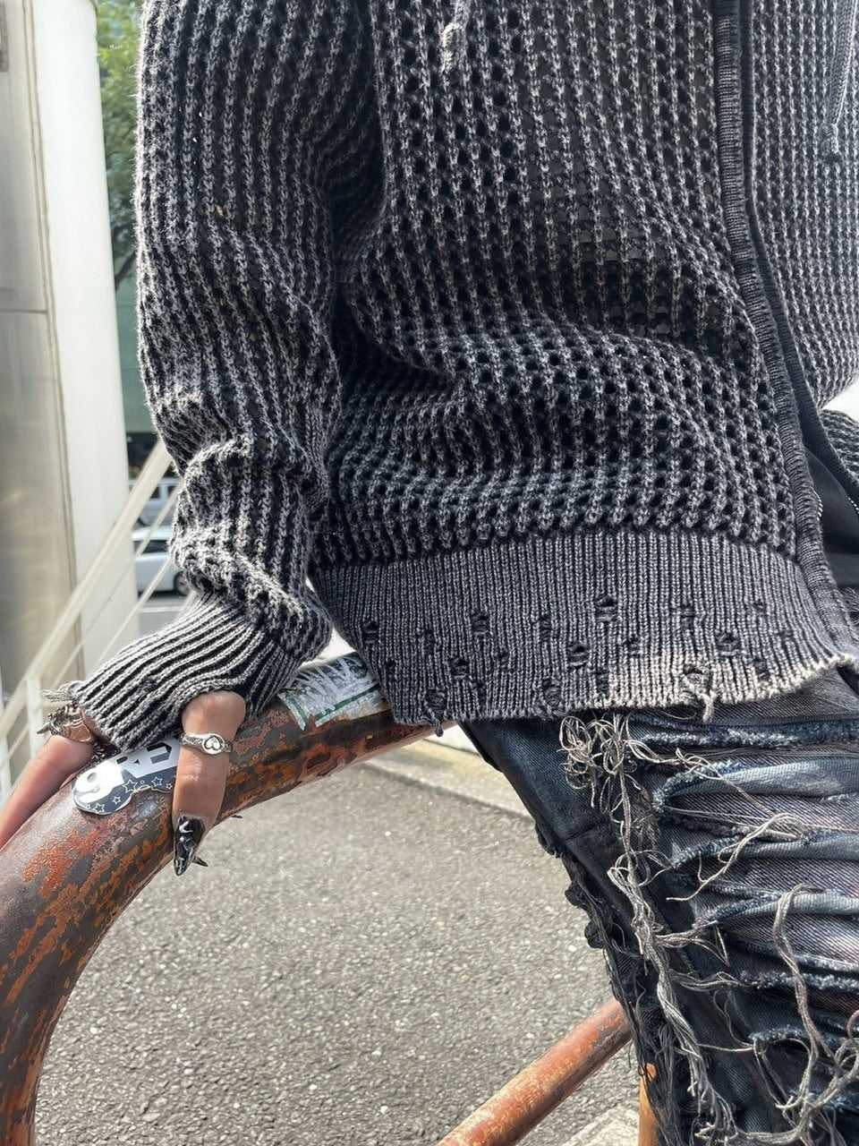 受注制【Never mind the XU】mesh zip damage hoodie (2color