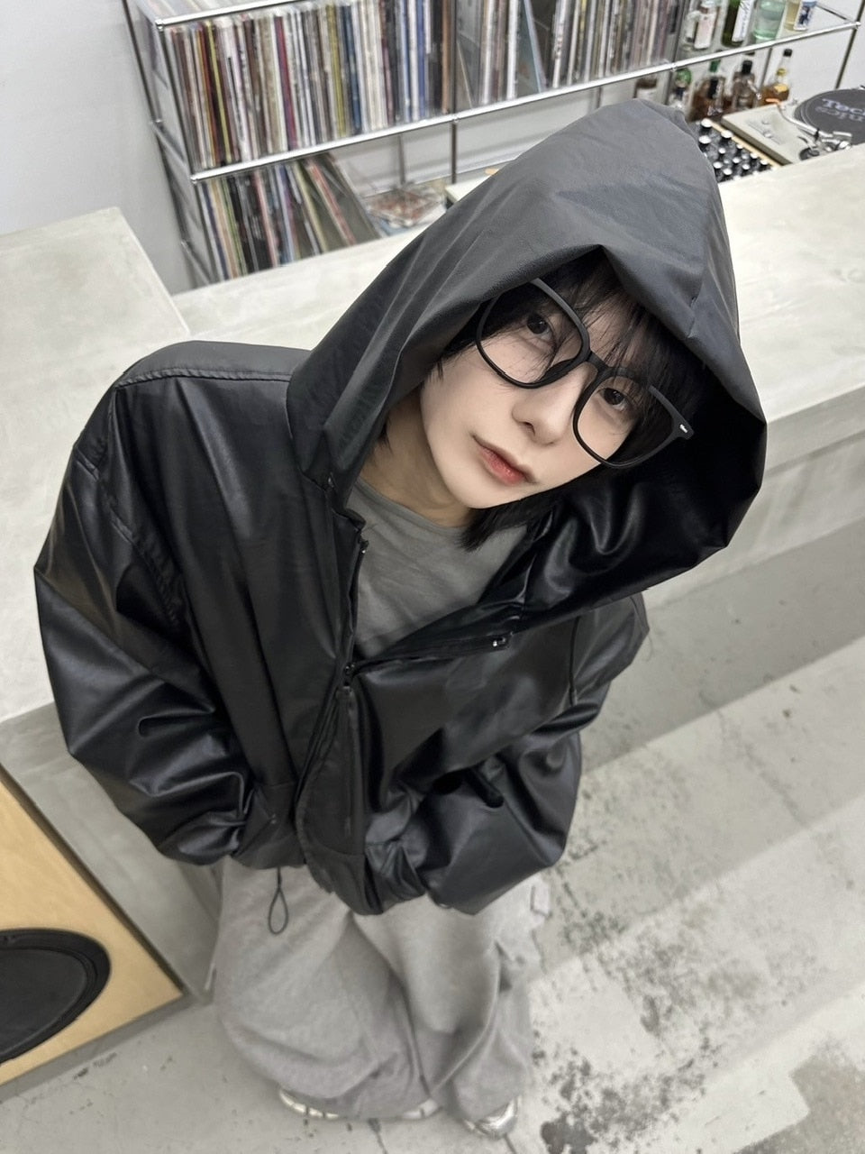 国際配送【LUV CODE】leather hooded jacket