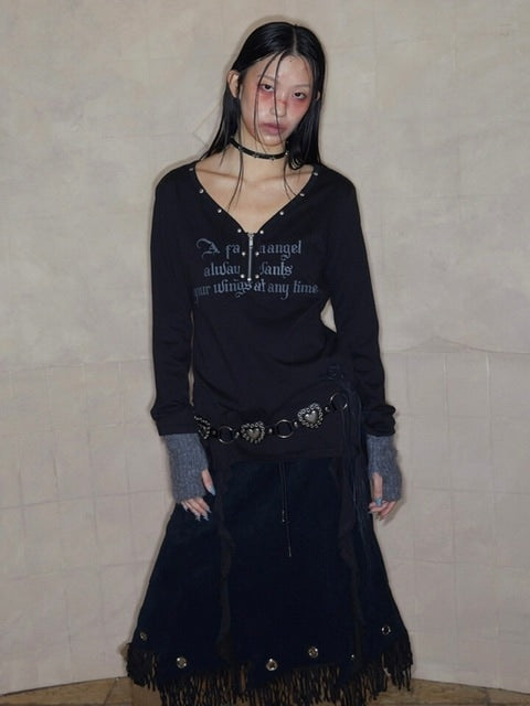 【NOT KNOWING】STUD V-NECK RUFFLE TOP / 【ノットノーイング】スタッヅＶネックラッフル長袖Ｔシャツ