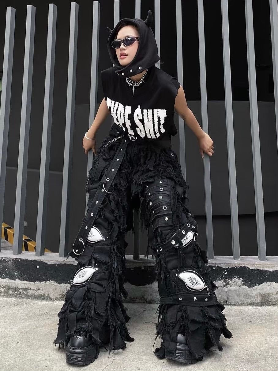 【UNIZ】BLACK MONSTER PANTS / 【ユニズ】ブラックモンスターダメージワイドデニムパンツ