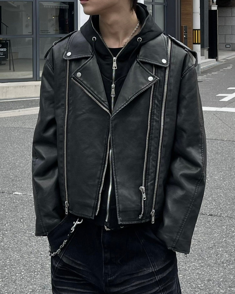 受注制【Chikashitsu +】aging wash cropped riders jacket