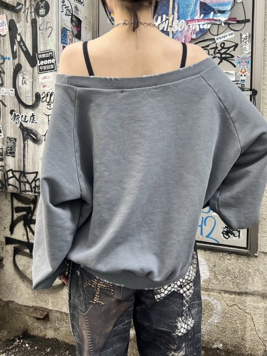受注制【Never mind the XU】damage off shoulder sweat (2color)