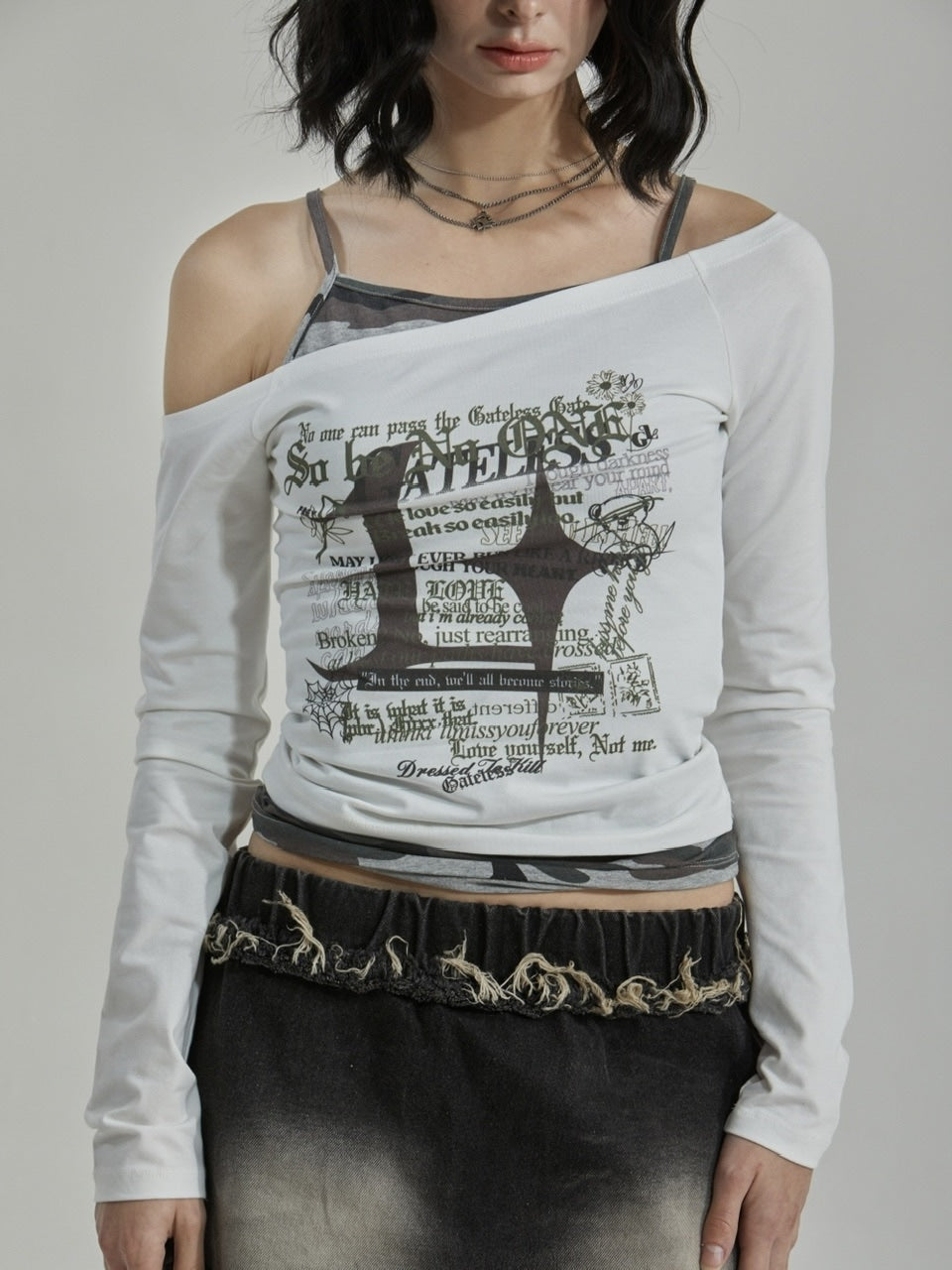 【GATELESS】CAMOUFLAGE LAYERED ONE SHOULDER T-SHIRT