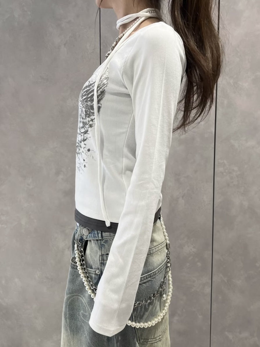 【Never mind the XU】tie set cross wing long sleeve tee (3color) / 【ネバーマインドザエックスユー】ネクタイセットクロスウィングプリント長袖Tシャツ