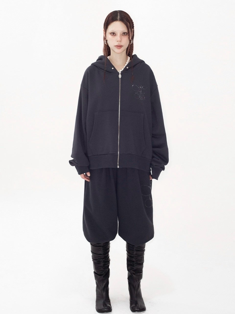 【HOLY NUMBER 7】OVERFIT HIP HOP MOVE CUBIC LETTERING HOODIE ZIP-UP