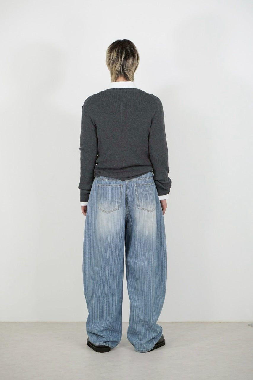 受注制【Chikashitsu +】wide stripe denim pants / 【チカシツプラス】ストライプボーダーワイドデニムパンツ