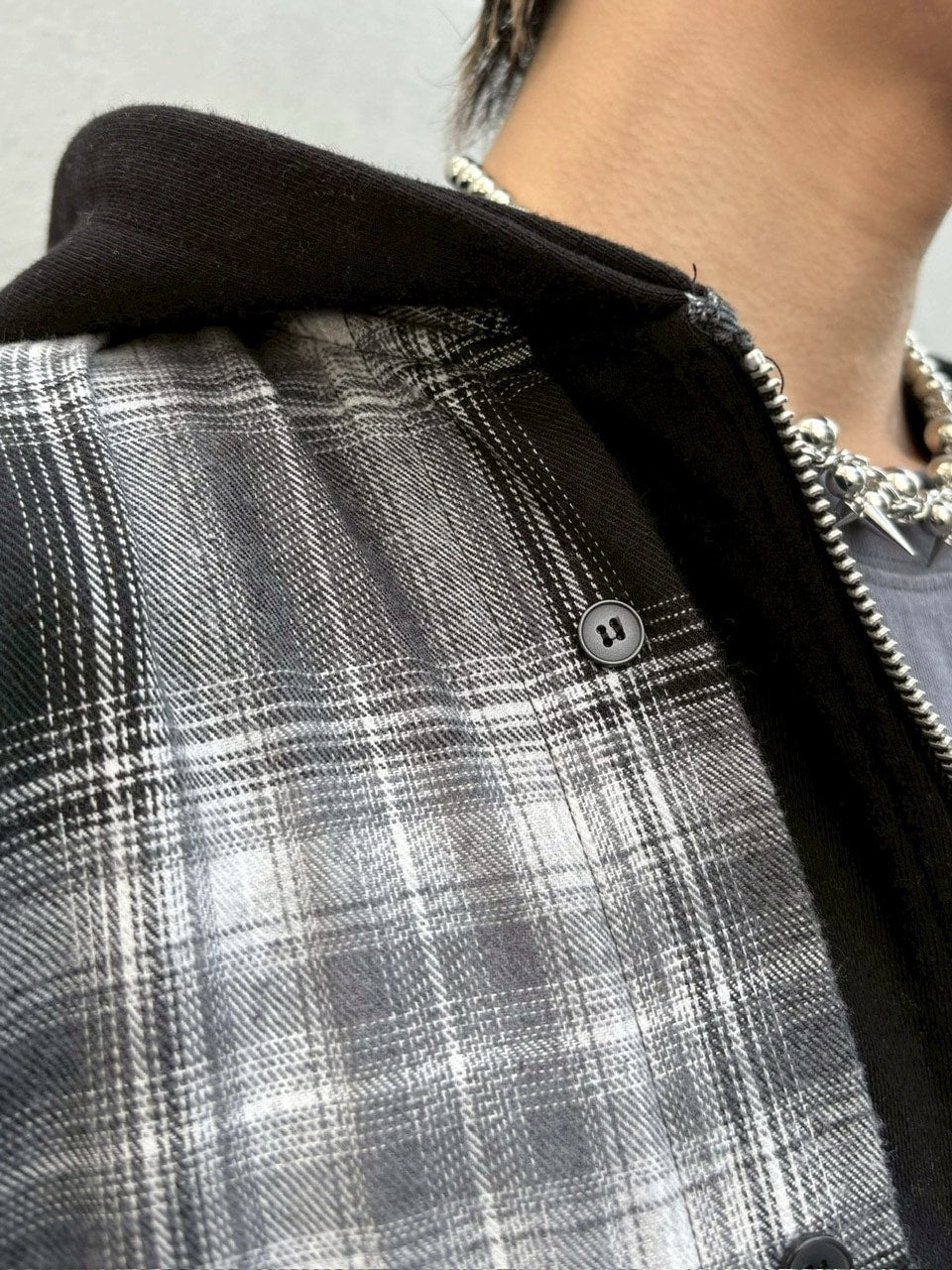 受注制【Never mind the XU】layered check shirts / 【ネバーマインドザエックスユー】レイヤードチェックフード長袖シャツパーカー