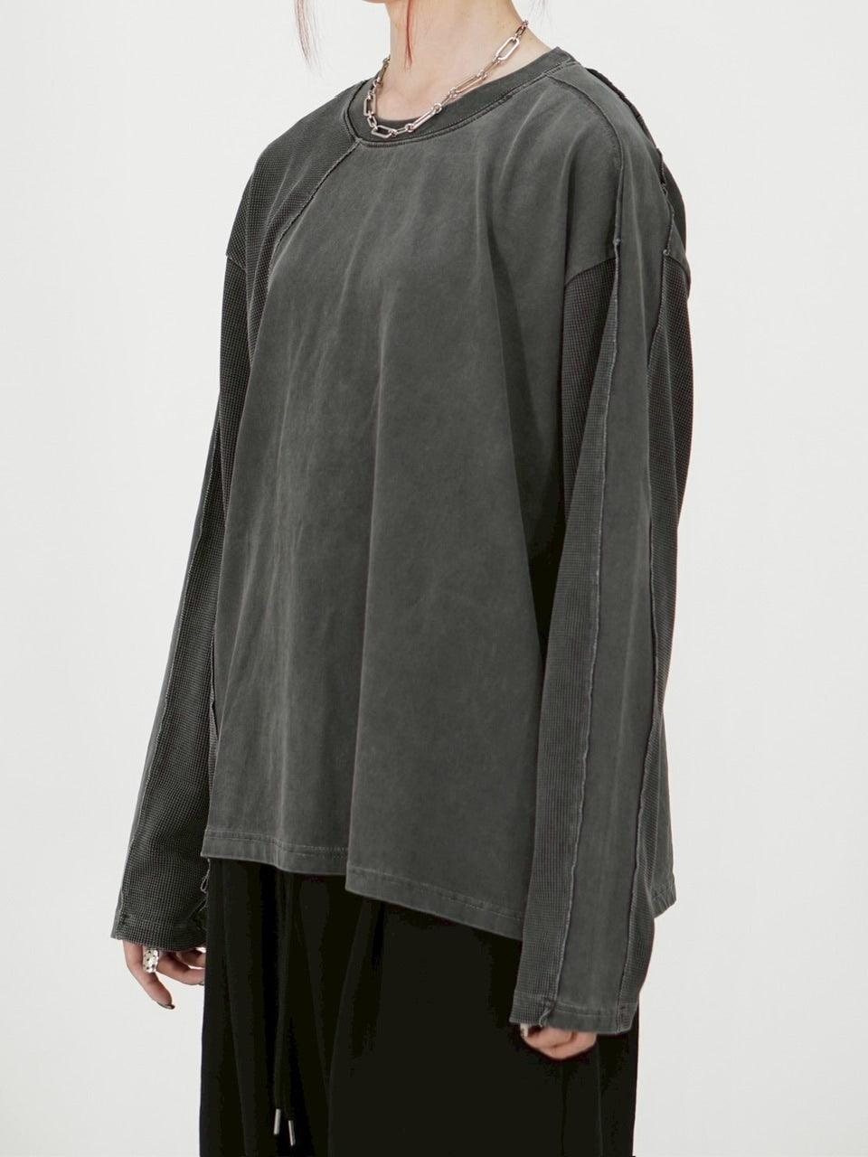 受注制【Chikashitsu +】switching waffle long sleeve (3color)