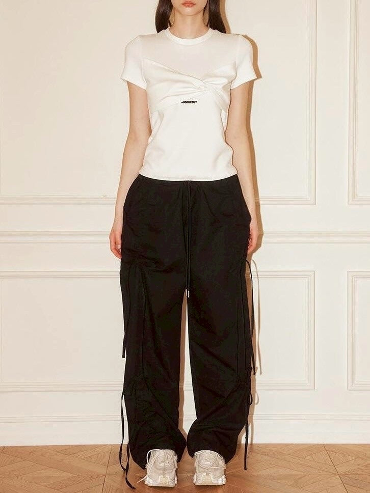 【ODDONEOUT】TWIST DRAPE STRING TOP / 【オッドワンアウト】ツイストドレープストリング半袖Tシャツ