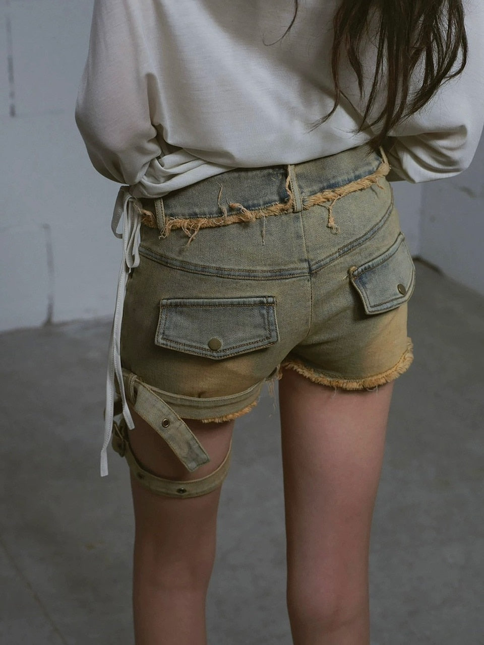 【Cest Nous】Blue-green faded denim shorts / 【セヌー】ウォッシングデニムショートパンツ