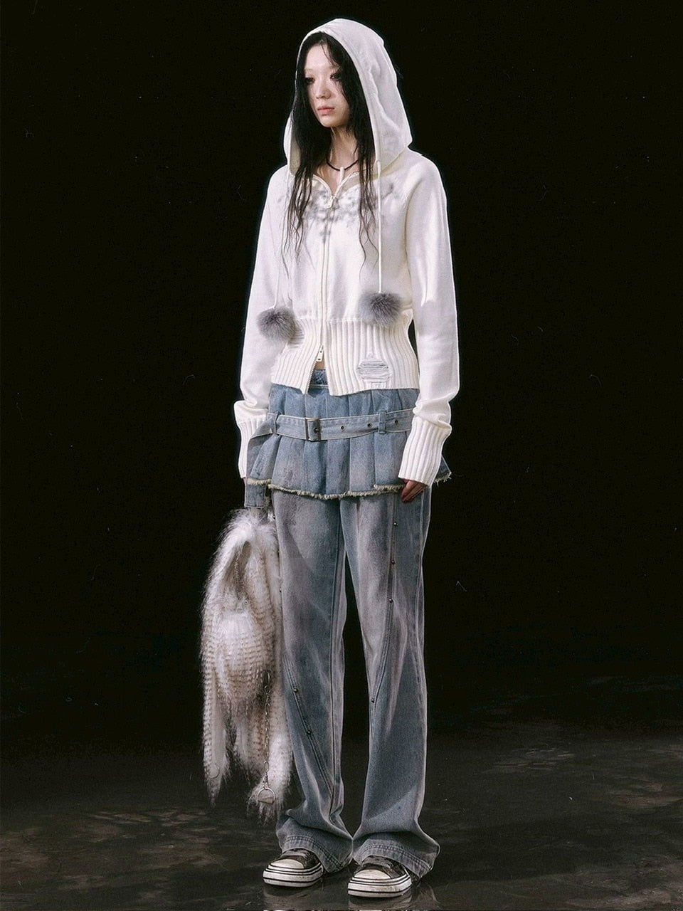 【Cest Nous】Dirty Wash Blue Denim Jeans / 【セヌー】ダーティーウォッシングスカートレイヤードデニムパンツ