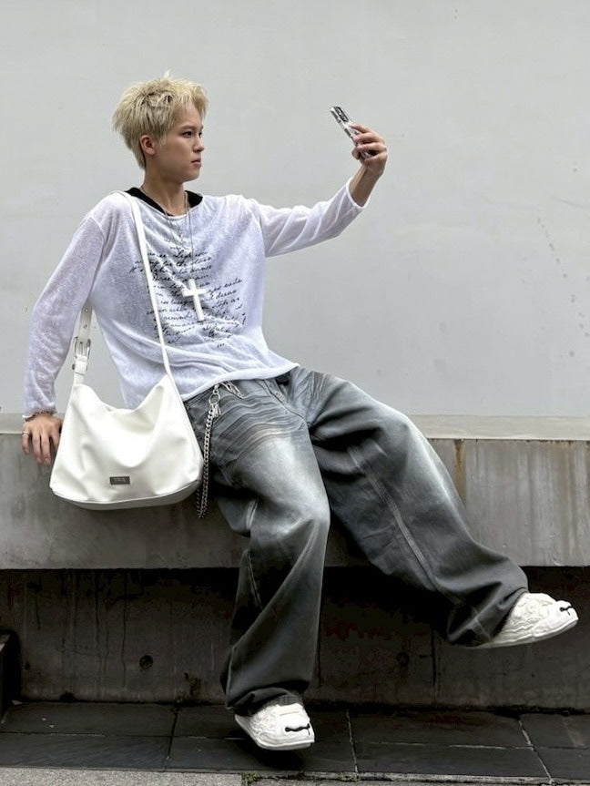 受注制【nmtc +】see through lettering long sleeve (3color) / 【エヌエムティーシープラス】シースルーレタリングプリント長袖Tシャツ