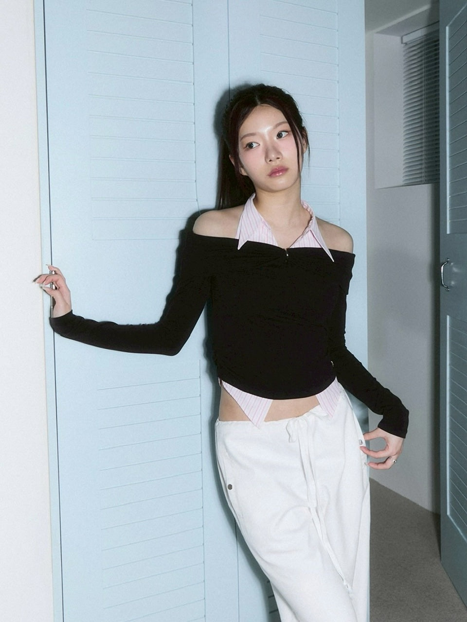 【CHERRYQUIRI】shirts layered off shoulder top