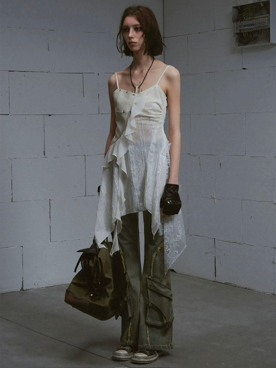 【Cest Nous】Leather lace camisole dress / 【セヌー】レザーレースシアーキャミワンピース