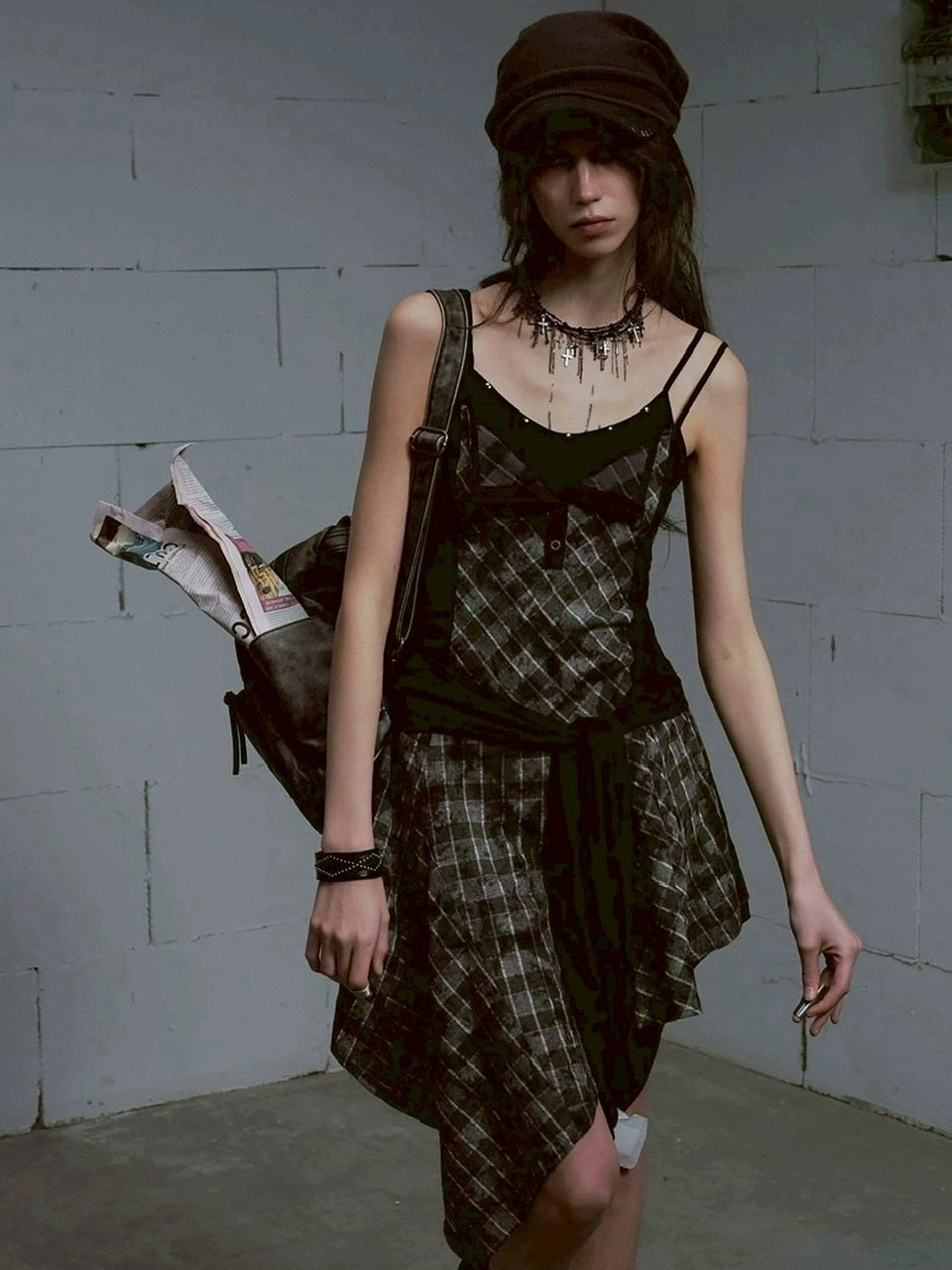 【Cest Nous】Plaid tie-strap camisole dress / 【セヌー】プリーツグレンチェックストラップキャミワンピース