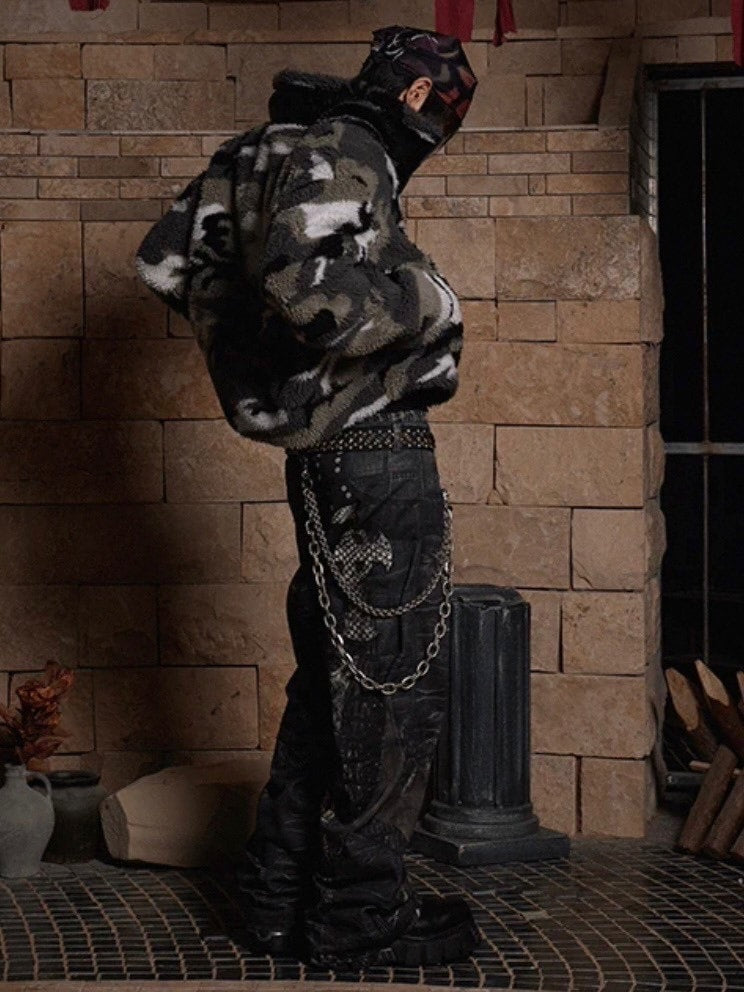 【DND4DES】LEATHER CROSS SPLICING PRINTED JEANS