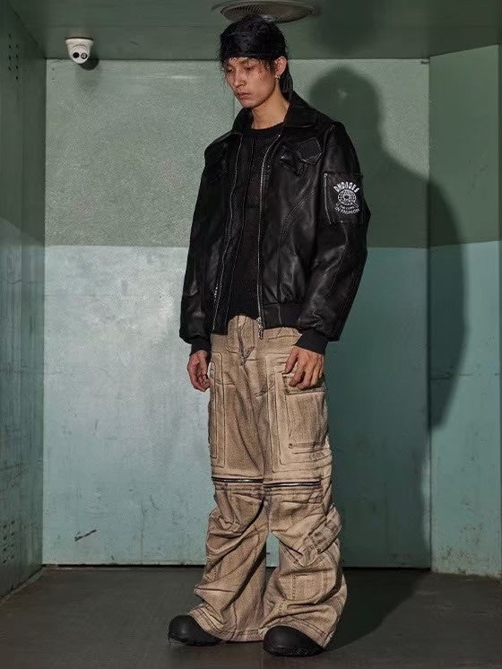 【DND4DES】DISTRESSED DRAWSTRING ADJUSTABLE ZIPPER CARGO PANTS
