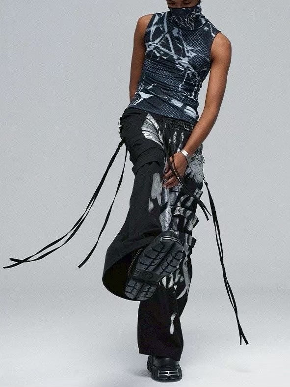 【DND4DES】 MULTI-LAYERED STRIPED GRAFFITI CARGO PANTS