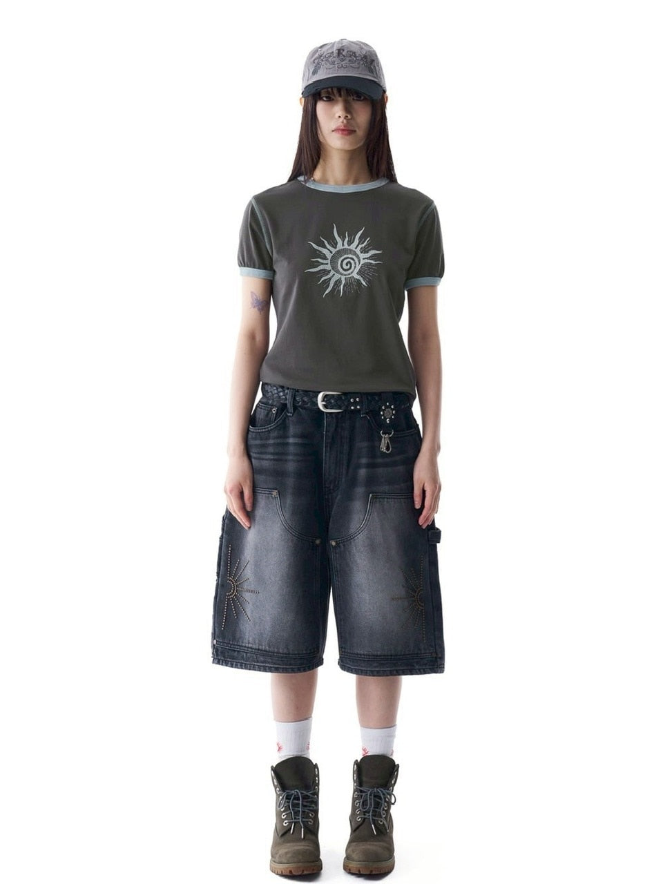 【AAKAM】Washed Double Knee Bermuda Denim Pants