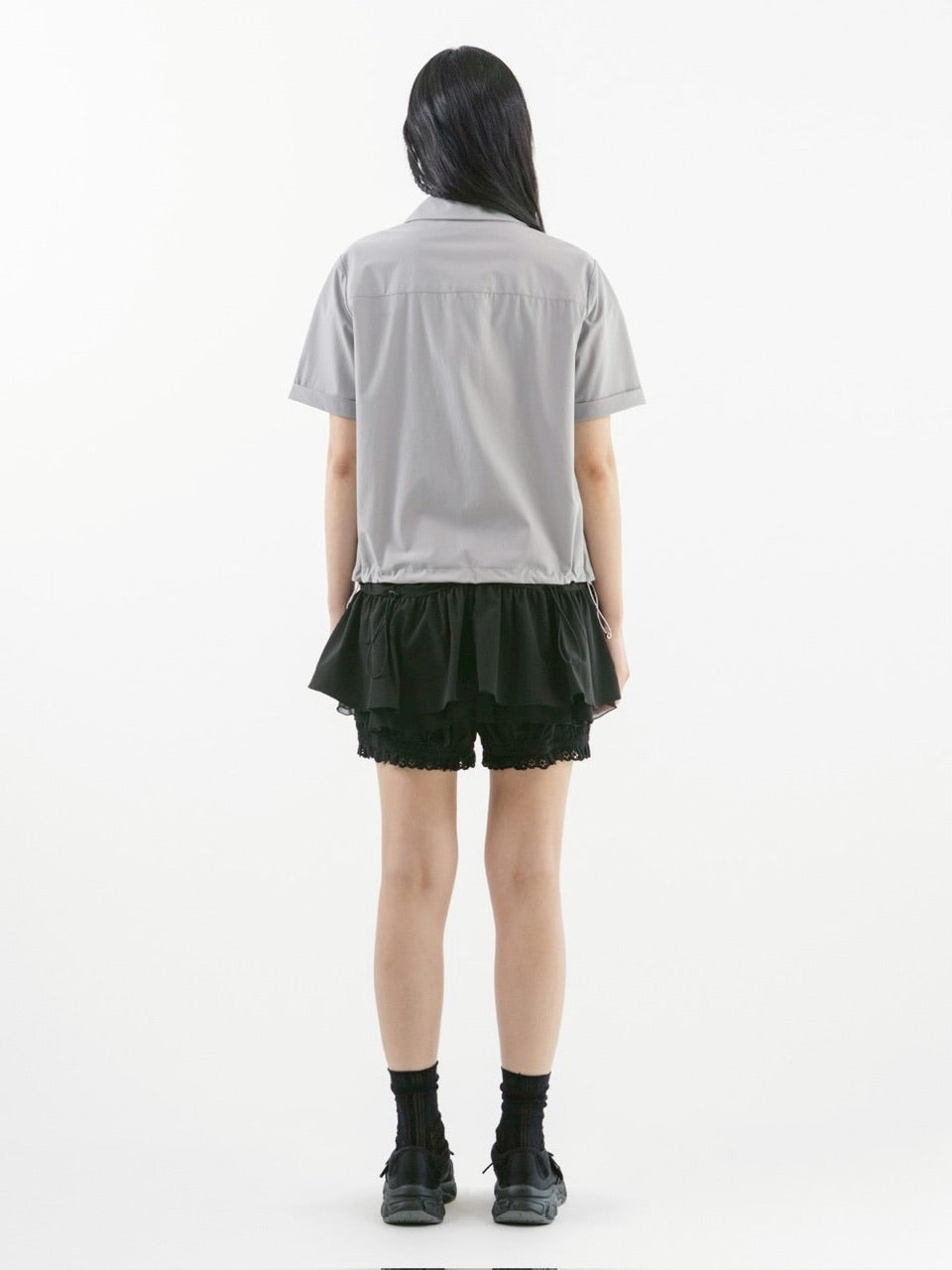 【TUOMIO】ROUND COLLAR NYLON ZIP-UP / 【トゥオミオ】ラウンドカラーナイロン半袖シャツジャケット