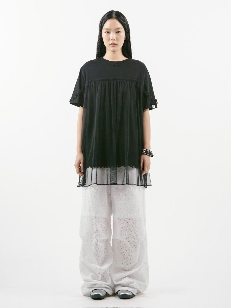 【TUOMIO】MESH LAYERED LACE T-SHIRT / 【トゥオミオ】メッシュレイヤードレース半袖Tシャツ