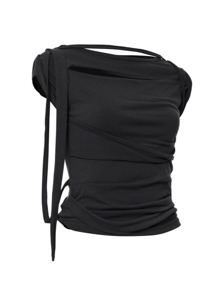 【FLAREUP】Asymmetrical Draped Strap Roll-Up T-Shirt