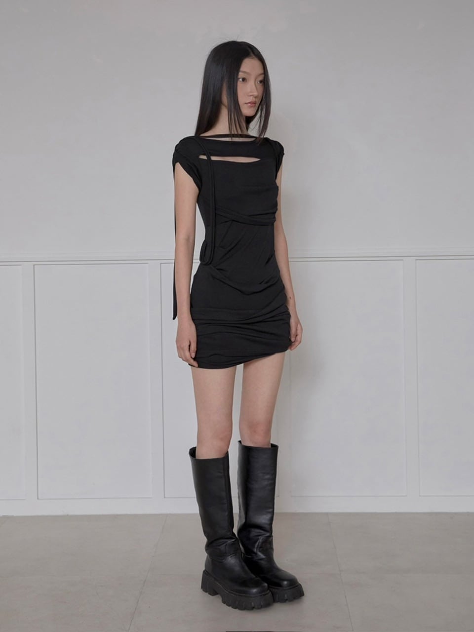 【FLAREUP】Asymmetrical Draped Strap Roll-Up Dress