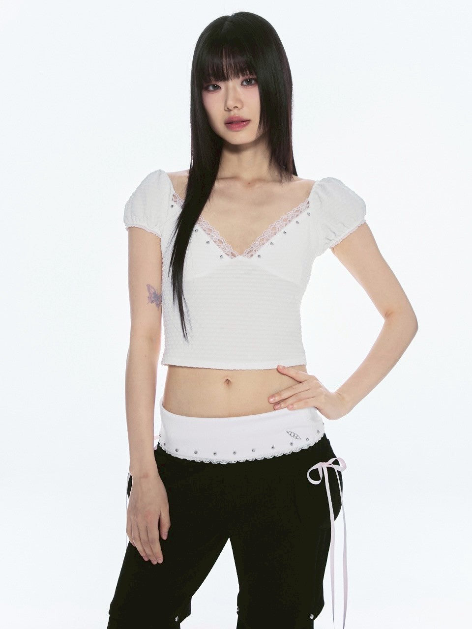 【CHERRYQUIRI】floral lace puff tee