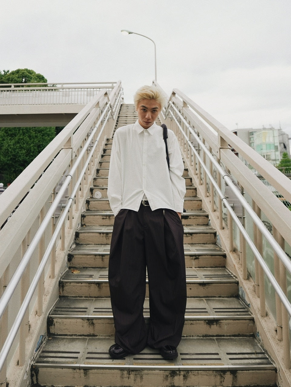 【CS】stripe cross tuck drape slacks (brown)