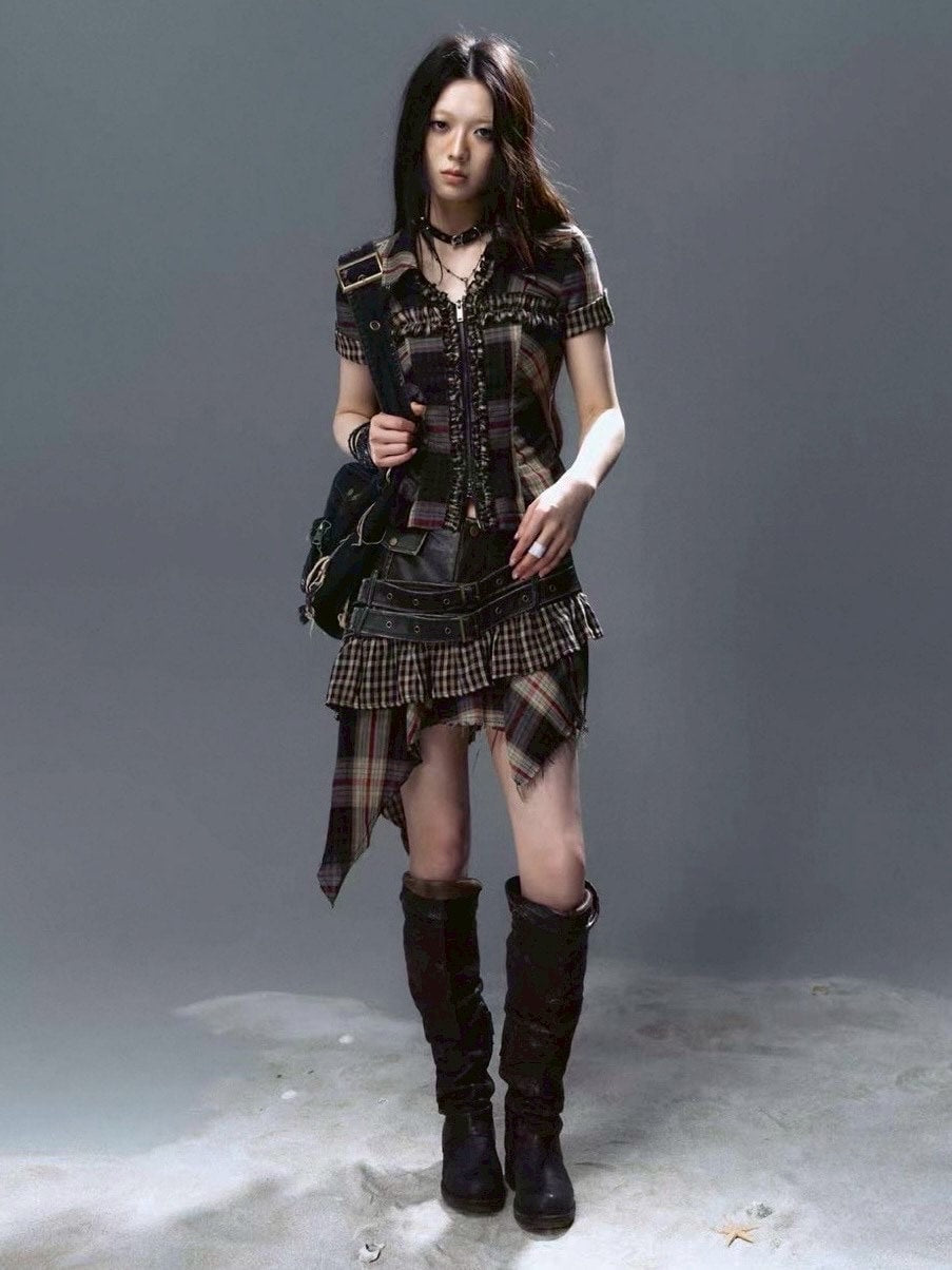 【Cest Nous】Plaid Leather Skirt / 【セヌー】ダブルベルトチェックフリルミニスカート
