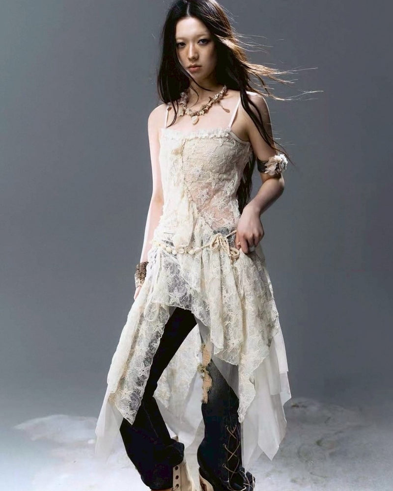 【Cest Nous】Star-Embellished Tulle dress / 【セヌー】レースフリルチュールキャミワンピース