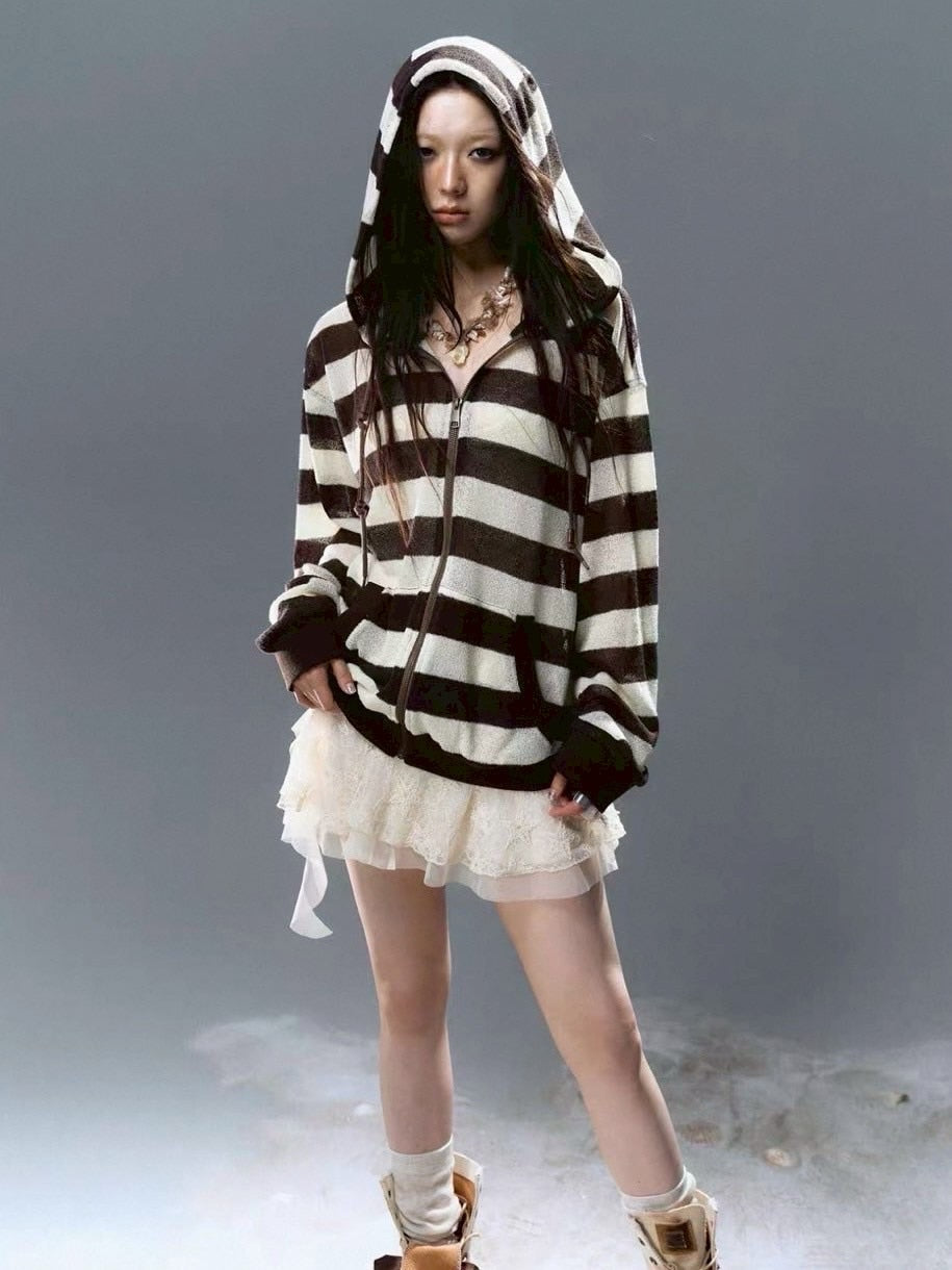 【Cest Nous】Striped Beaded Hoodie / 【セヌー】ボーダーシースルージップパーカー