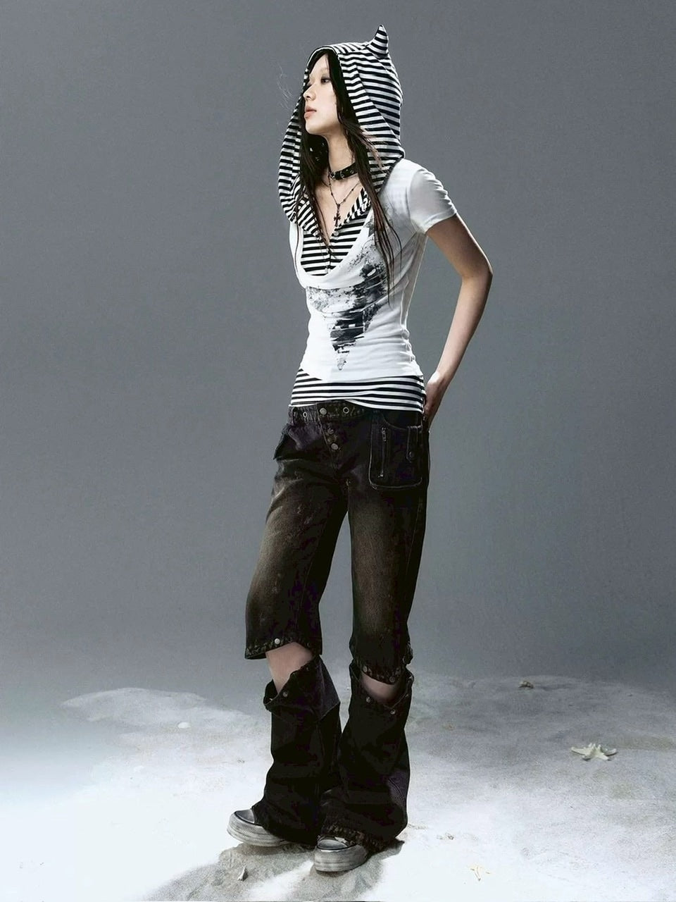 【Cest Nous】Striped Cat-Ear Top / 【セヌー】ボーダーレイヤードキャットイヤー半袖Tシャツ