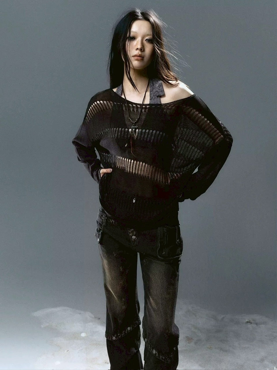 【Cest Nous】Knit Cover-Up / 【セヌー】シースルーボーダーサマーニット長袖Tシャツ