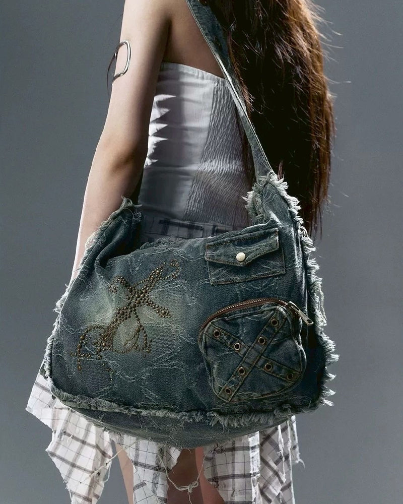 【Cest Nous】Star & Cross Denim Bag / 【セヌー】デニムショルダーバッグ