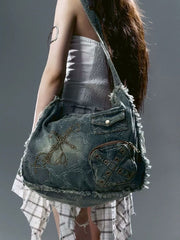 【Cest Nous】Star & Cross Denim Bag / 【セヌー】デニムショルダーバッグ