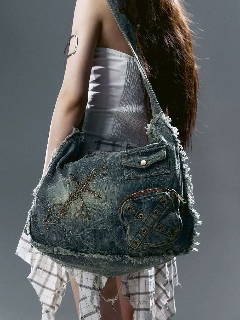 【Cest Nous】Star & Cross Denim Bag / 【セヌー】デニムショルダーバッグ