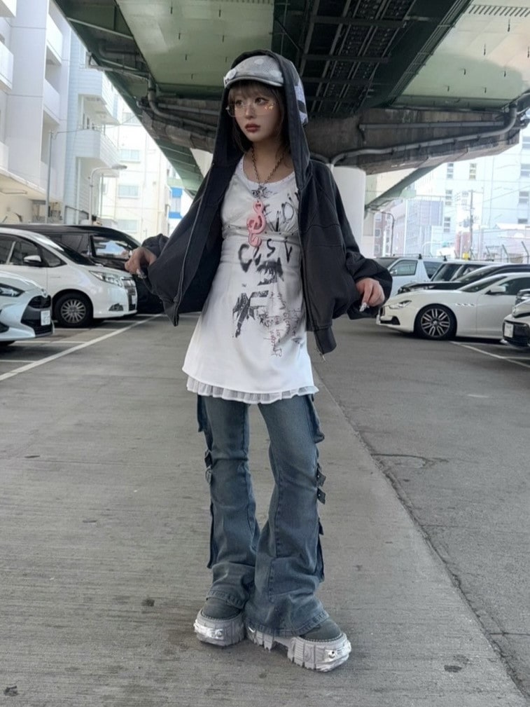 【NMTXU】rhinestone design zip parka / 【エヌエムティーエックスユー】ラインストーンデザインダブルジップパーカー