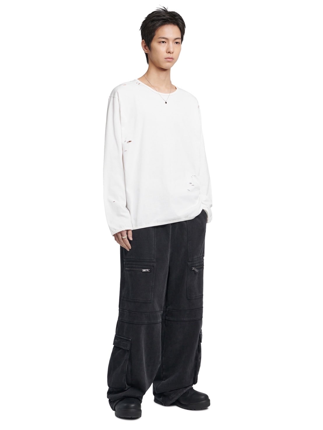 【NOMANUAL】DAMAGED LONG SLEEVE TEE