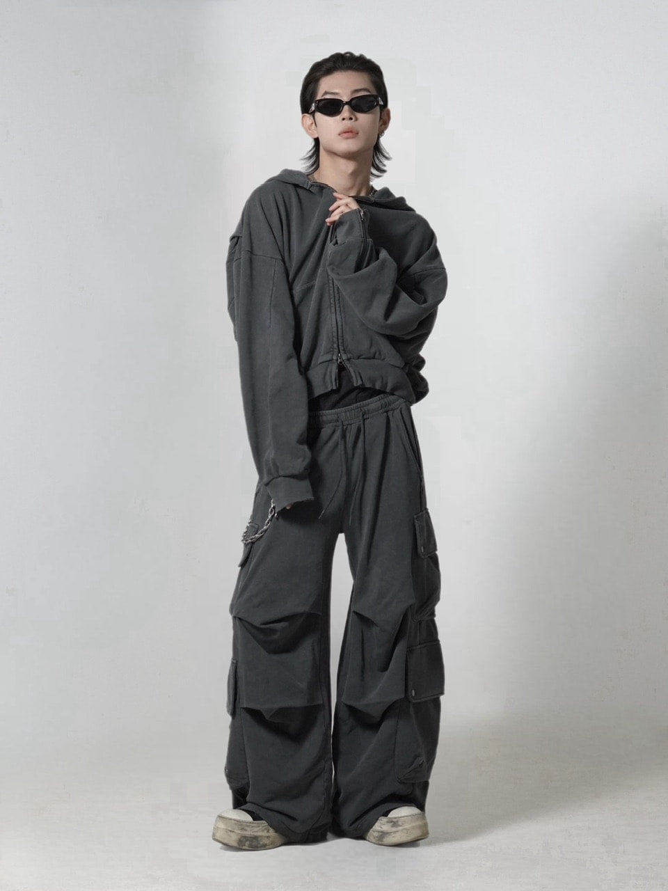 【CHIKASHITSU PLUS HIGH】cropped dirty wash double zip hoodie (charcoal) / 【チカシツプラスハイ】クロップドダーティーウォッシュダブルジップパーカー