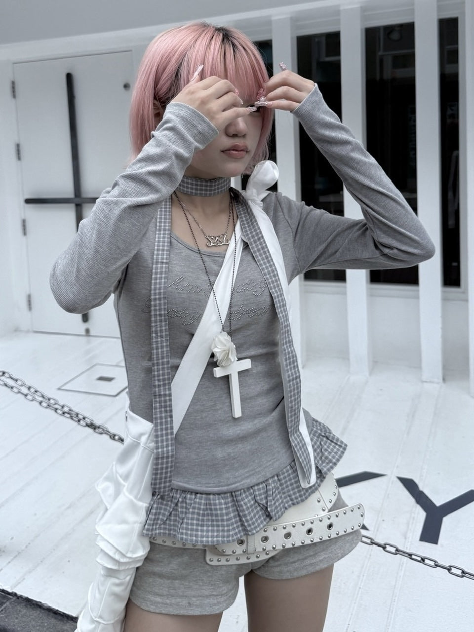 受注制【nmtc +】tie set check lace long sleeve / 【エヌエムティーシープラス】タイ付きチェックレース切り替え長袖Tシャツ (3color)