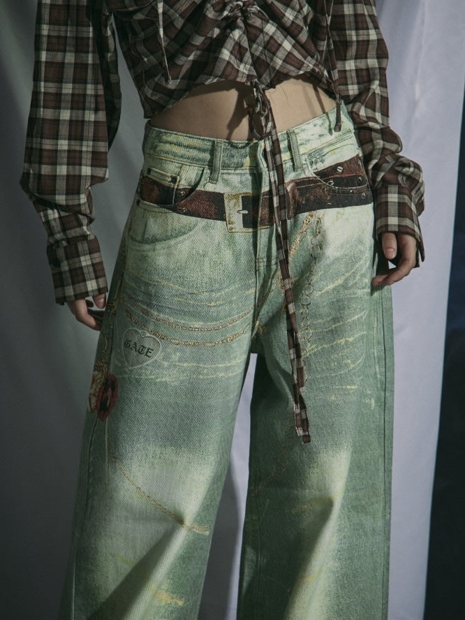 【GATELESS】VINTAGE PRINT BUGGY DENIM PANTS / 【ゲートレス】ビンテージプリントバギーデニムパンツ