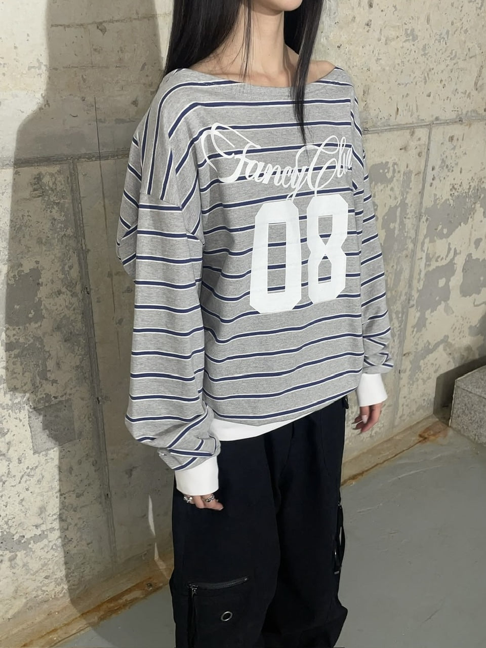 【FANCY CLUB】STRIPE ONE-SHOULDER SWEATSHIRT / 【ファンシークラブ】ストライプワンショルダースウェット長袖Ｔシャツ