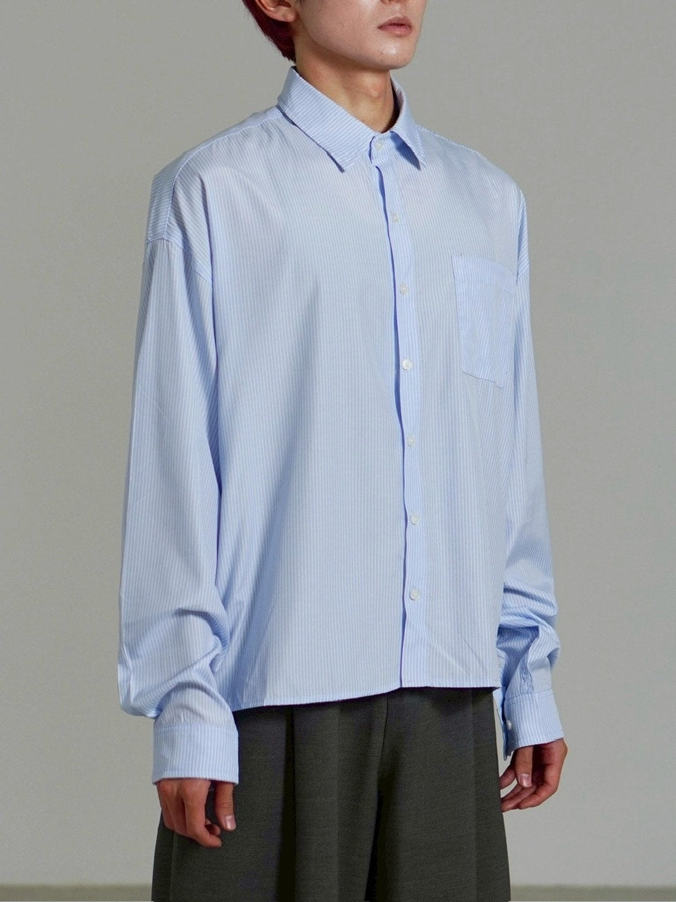 受注制【Chikashitsu +】cropped stripe shirt / 【チカシツプラス】クロップドストライプ長袖シャツ (3color)