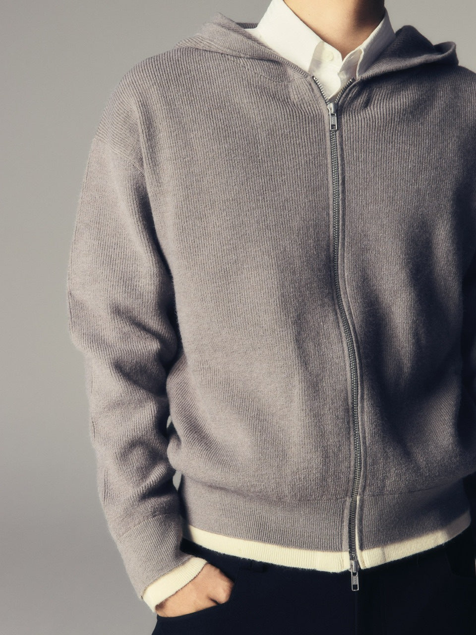 【CS】layered knit zip hoodie (gray) / 【シーエス】レイヤードニットジップフーディー