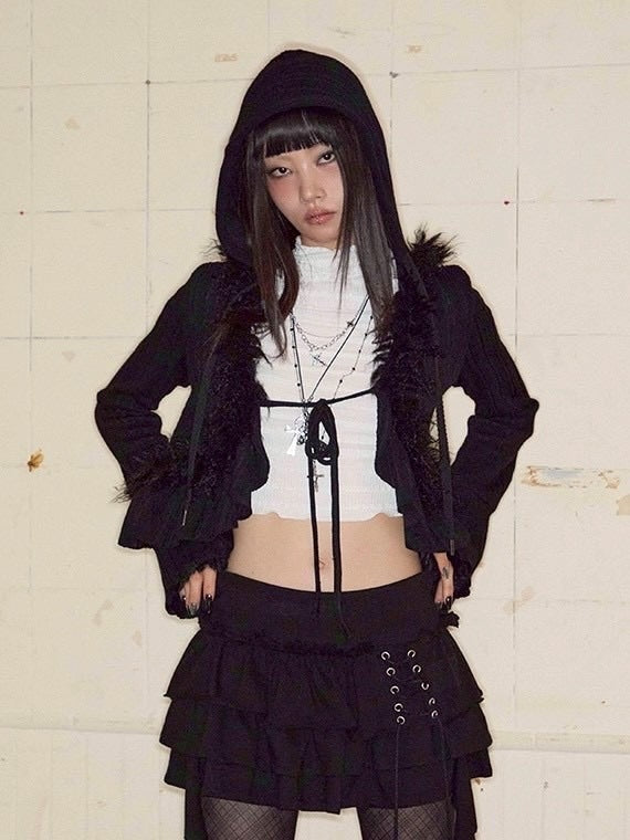 【NOT KNOWING】Hairy Fur Hood Cardigan / 【ノットノーイング】ヘアリーファーフードカーディガン