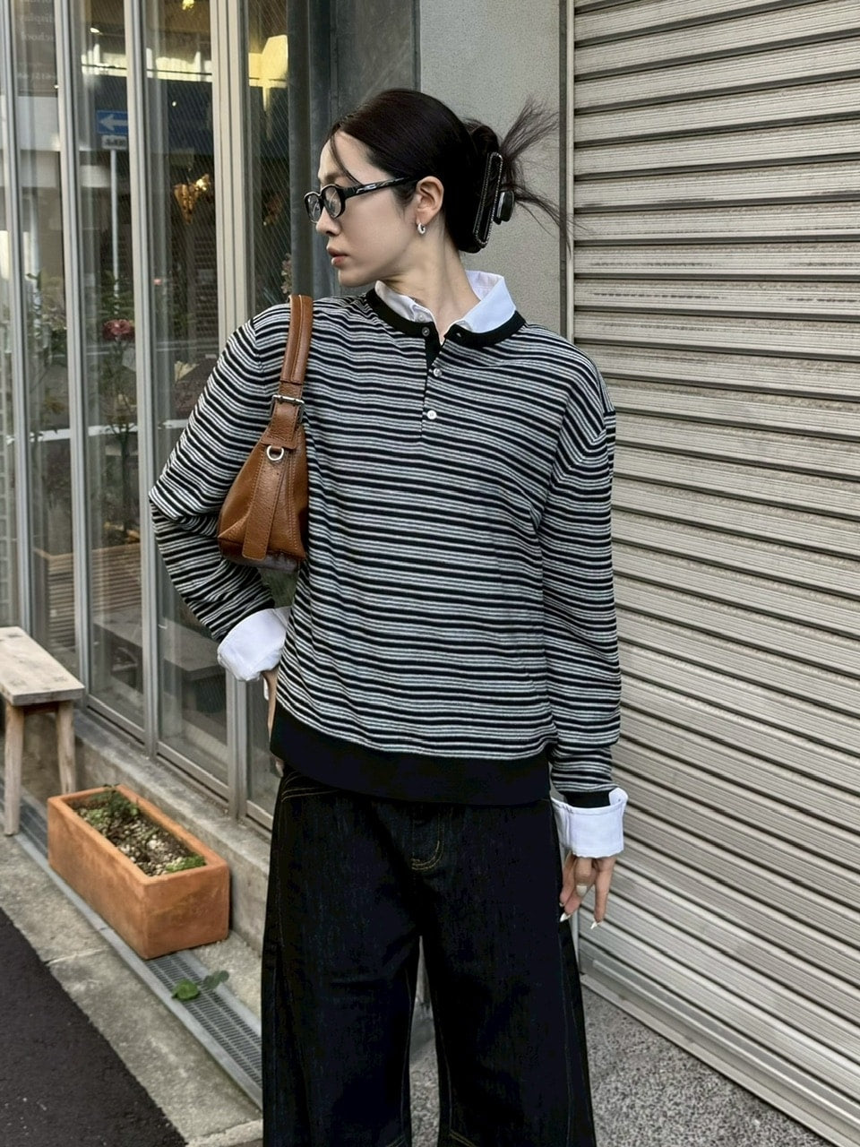 受注制【Chikashitsu +】cropped henry neck border knit / 【チカシツプラス】クロップドヘンリーネックボーダーニット (3color)