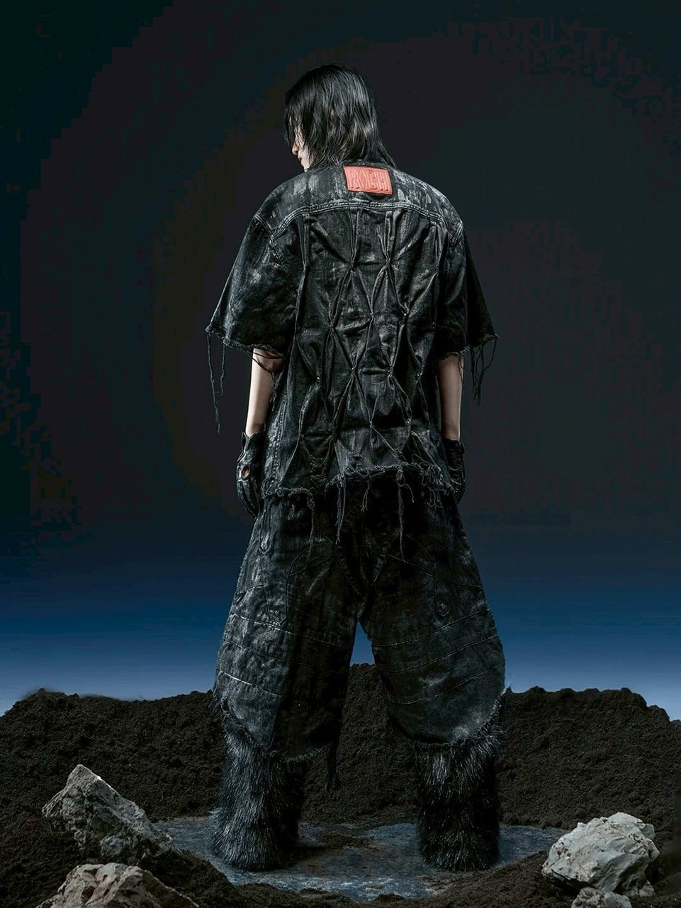 1/2 20:00再販【RICH】Knight Wide Waxed Short Pants/ 【リッチ】デザインデニムダメージハーフパンツ