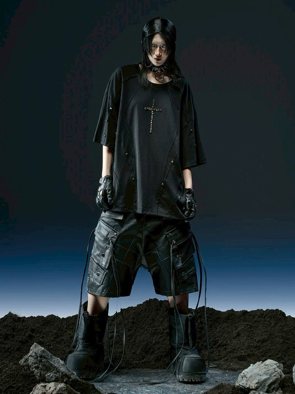 【RICH】Riveted Cross Over T-shirt / 【リッチ】リベットクロスオーバーサイズ半袖Tシャツ