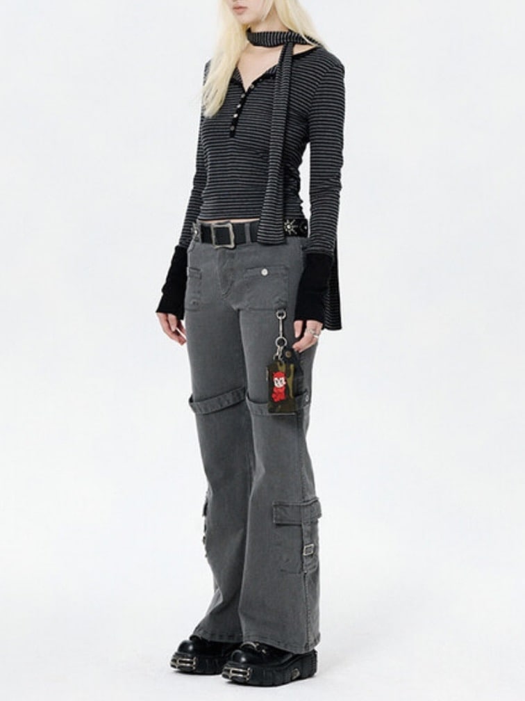 【runningHIGH】BUTTON STRIPE L/S TEE with MUFFLER / 【ランニングハイ】マフラー付きボタンストライプ長袖Ｔシャツ